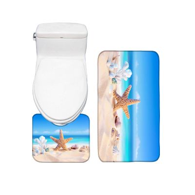 Amagical Golden Sand with Seashell and Starfish Pattern 2 Piece Blue Ocean Bathroom Mat Set Bath Mat Contour Mat