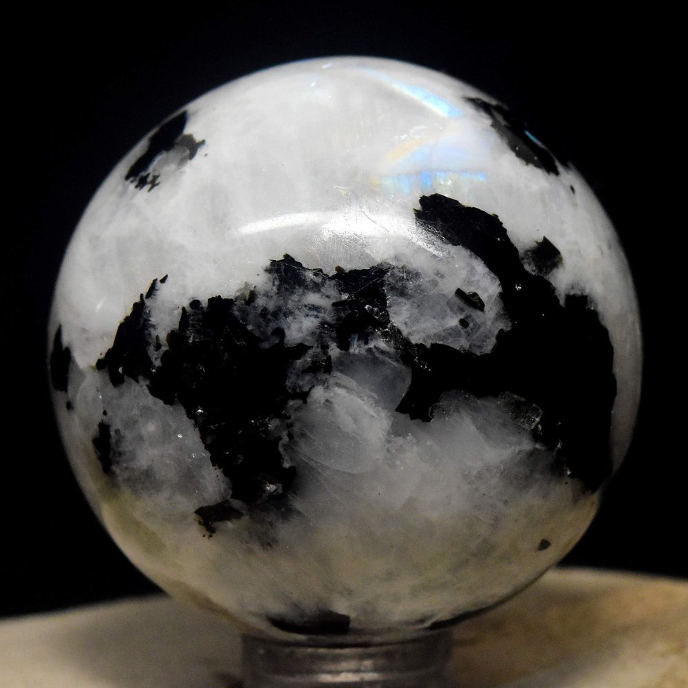 43mm Rainbow Moonstone Sphere Sparkling Blue Flash Natural Crystal Ball Polished Feldspar Mineral Stone - India + Stand