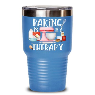 Baking Is My Therapy Travel Mug Tumbler for Baker Cute 20 or 30 oz Powder Coated Stainless Steel Insulated Coffee Cup