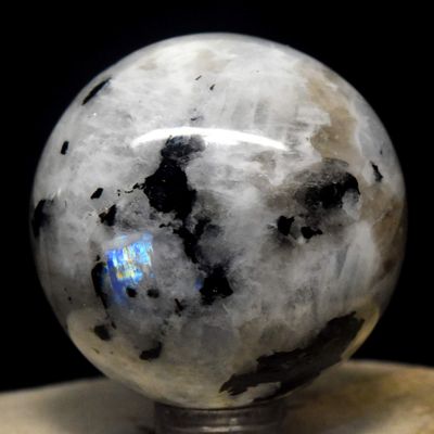44mm Rainbow Moonstone Sphere Natural Blue Flash Sparkling Feldspar Crystal Polished Mineral Stone Ball - India + Stand