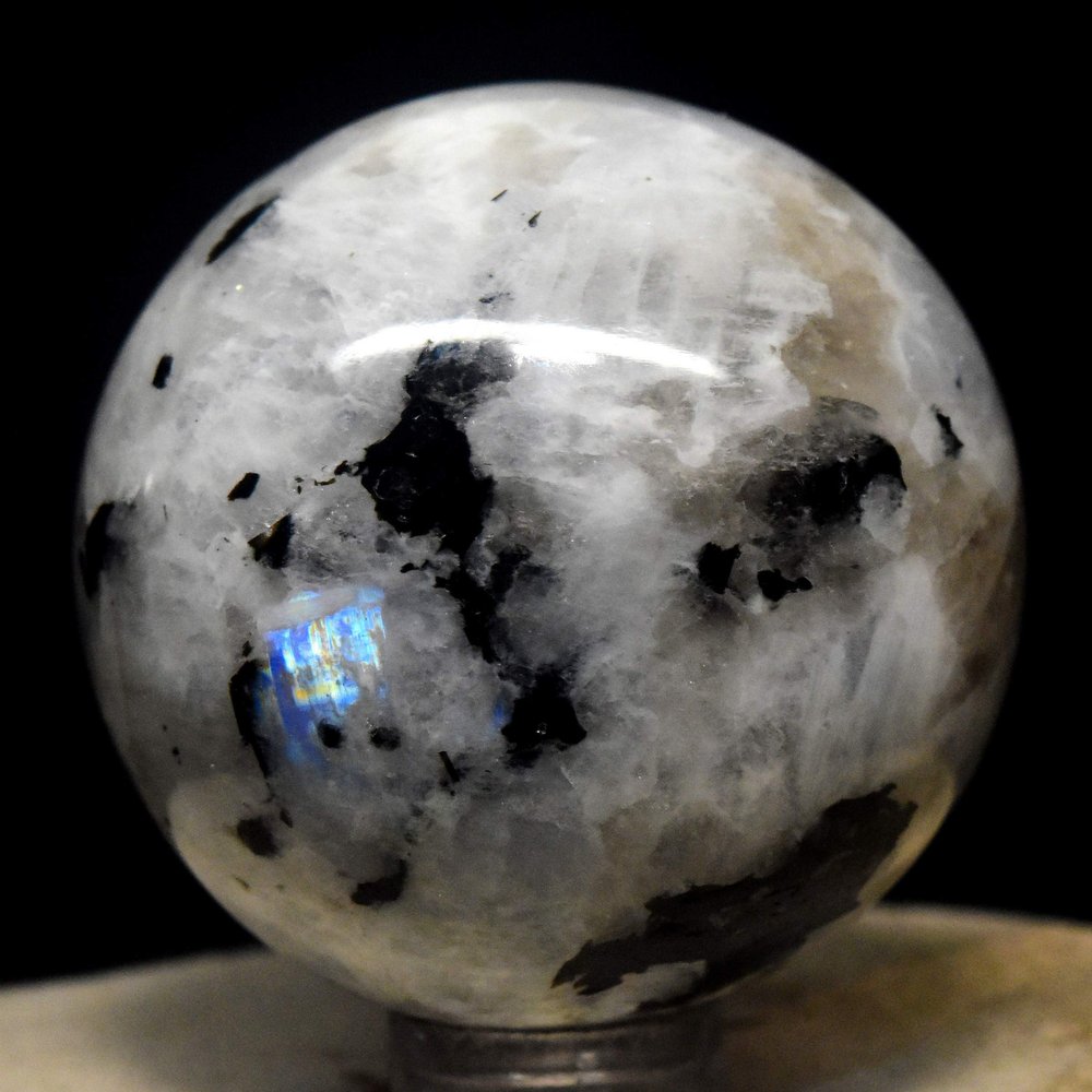 44mm Rainbow Moonstone Sphere Natural Blue Flash Sparkling Feldspar Crystal Polished Mineral Stone Ball - India + Stand