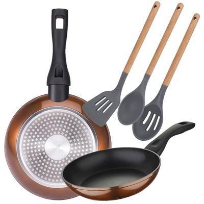 Bergner Pressed Aluminium 2 Piece Frying Pan Set (8 Inch) and 3 Piece Silicone Kitchen Utensil Set