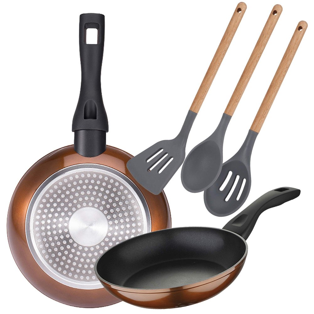 Bergner Pressed Aluminium 2 Piece Frying Pan Set (8 Inch) and 3 Piece Silicone Kitchen Utensil Set