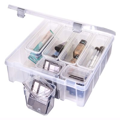 AB Designs 6967ABD Super Satchel with 9 Mixed Bins Inside, Stackable Home Storage Organization Container, Clear with Sliver Latches and Handle