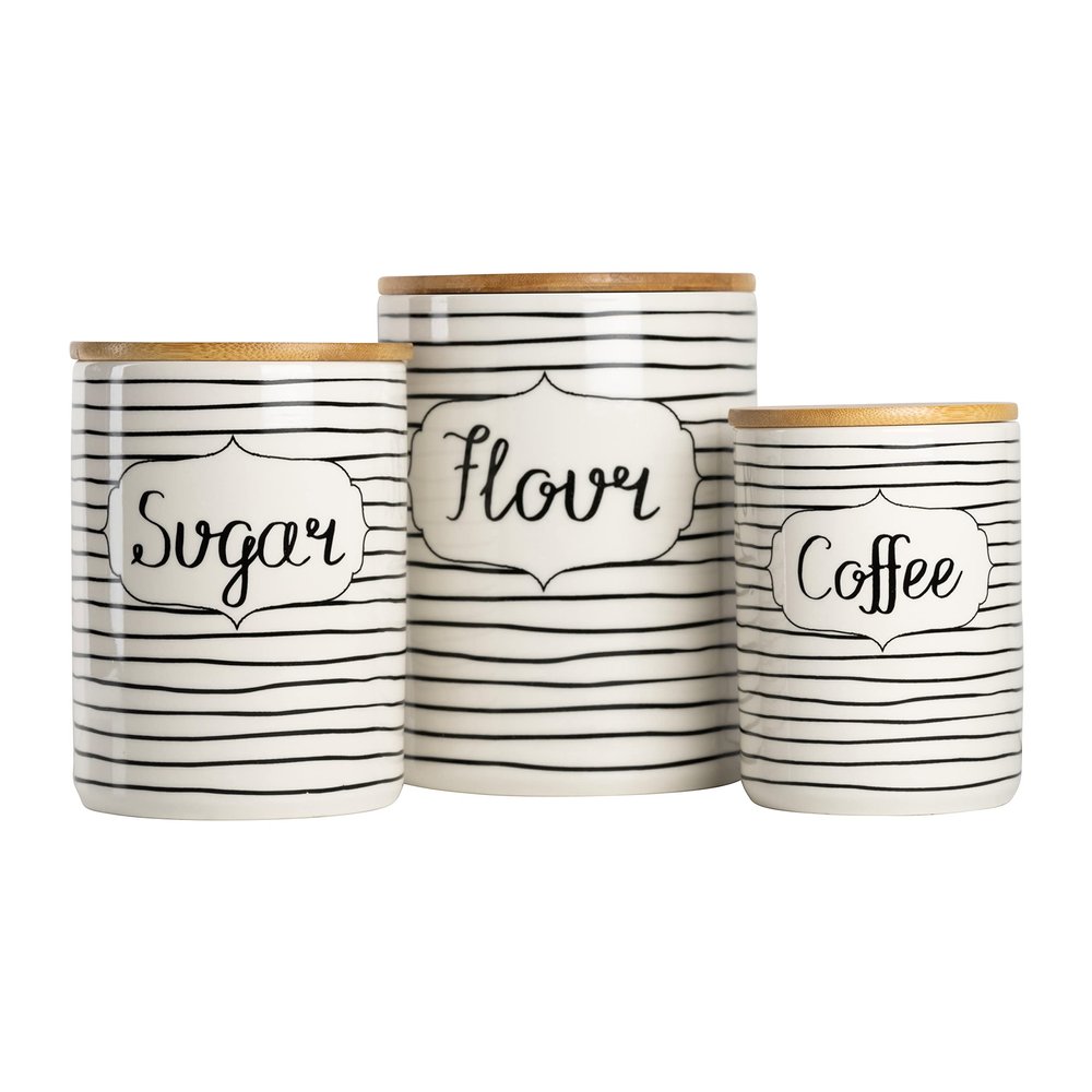 10 Strawberry Street Labeled Ceramic Kitchen Canister Set, Set of 3, Coffee Sugar Flour, White/Black, Bamboo Lids