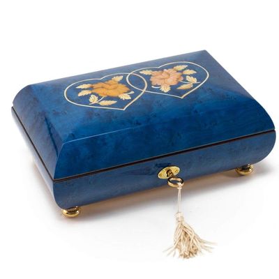 Handcrafted Dark Blue Double Heart with Floral Inlay 18 Note Music Box - Many Songs to Choose - Chicago