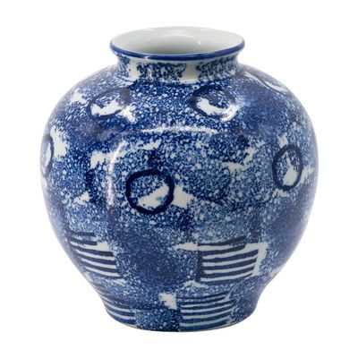 A&B Home Blue & White Porcelain Vase - Modern Abstract Art Pattern, Short and Round Jar Shape, No Lid for Floral Displays, Home Decor Centerpiece, Shelf and Tabletop Decor, 9'' x 9.5''
