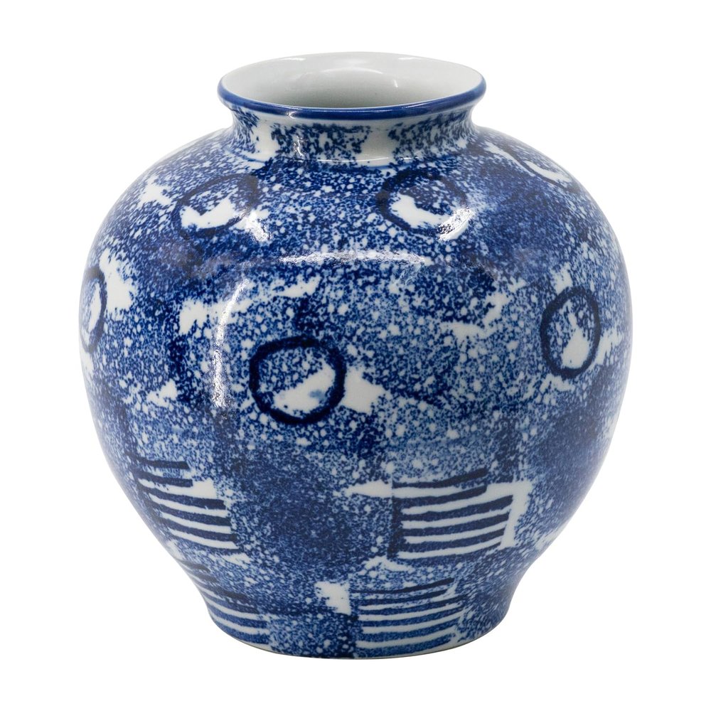 A&B Home Blue & White Porcelain Vase - Modern Abstract Art Pattern, Short and Round Jar Shape, No Lid for Floral Displays, Home Decor Centerpiece, Shelf and Tabletop Decor, 9'' x 9.5''