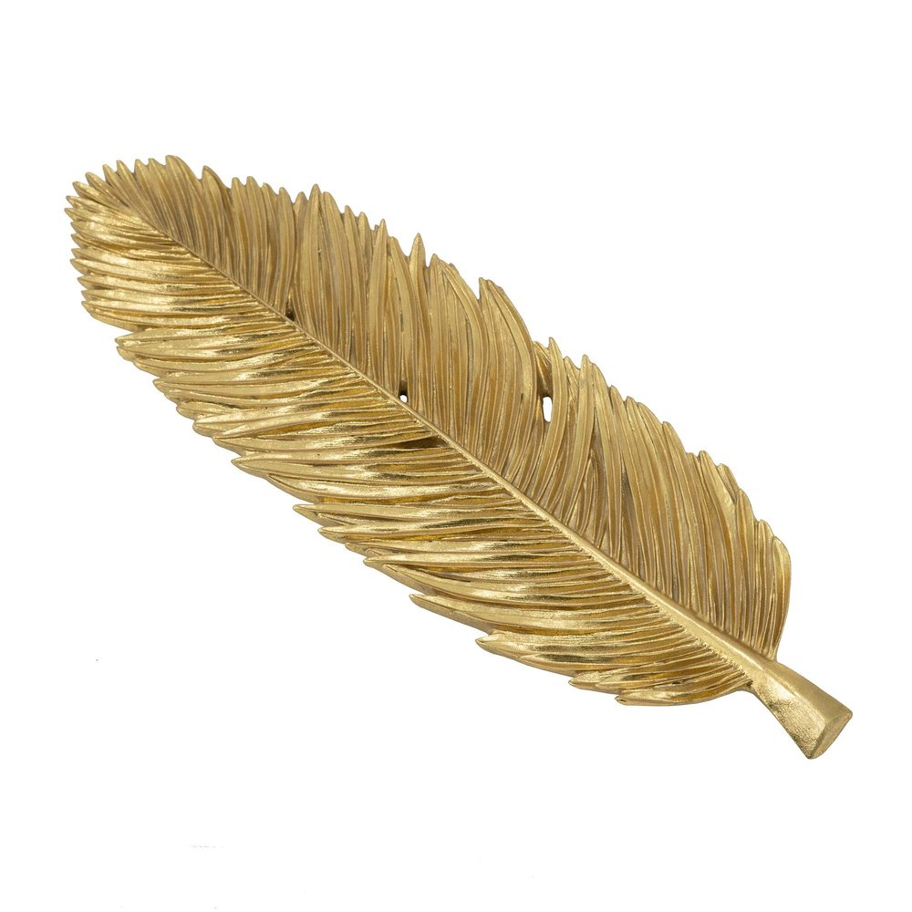 A&B Large Home Gold Leaf Plate Realistic Feather Tray Painted Gold Finish Centerpiece Table Decor Living Room Office Dining Accessory 19" x 6" x 1"