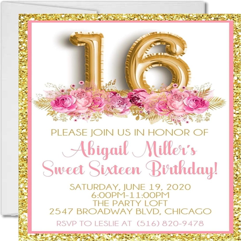 Pink Sweet 16 Invitations, Rose Gold Sweet 16 Invitations With Envelopes (Pink Rose Garden)