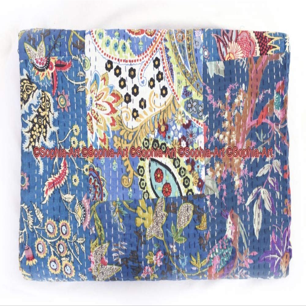 Sophia-Art Indian King/Twin Size Bohemian Traditional Bedding Kantha Mix Patchwork Kantha Rallies Ethnic Reversible Blanket Bedspread Handmade Kantha Quilt (Blue Patch, 90 * 108 Inches)