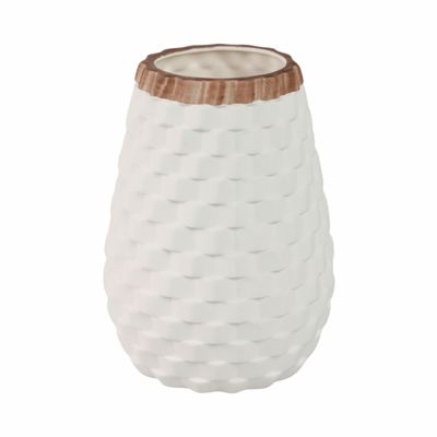 9" Textured Ceramic Vase - White with Brown Accent - Beautiful Decorative Piece For Indoor or Outdoor Use - Contemporary Home or Office Decor