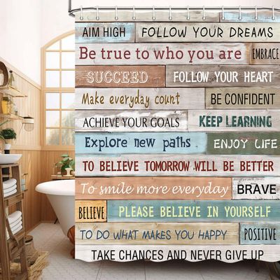 JAWO Inspirational Motivational Quote Shower Curtain, Rustic Farmhouse Wood Positive Bathroom Curtain, Fabric Vintage Wooden Plank Shower Curtain for Camper, Kids Bathroom, Home Decor, 72x72 Inches