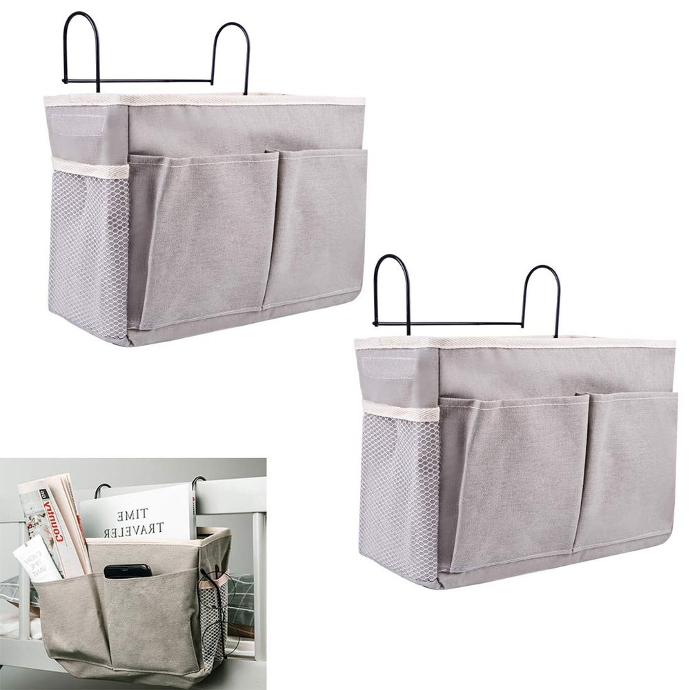 "KonHaovF 2Pack Bedside Organizer Caddy Hanging with Hook, Bed Storage Pocket for Dorm Kids Room Top Bunk Bed Loft Bed, Bedside Storage for Phone Remote Control Laptop Books (Grey)"