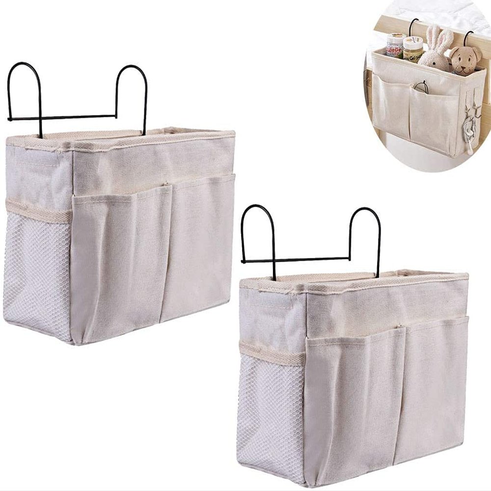 "KonHaovF 2Pack Bedside Organizer Caddy Hanging with Hook, Bed Storage Pocket for Dorm Kids Room Top Bunk Bed Loft Bed, Bedside Storage for Phone Remote Control Laptop Books (White)"
