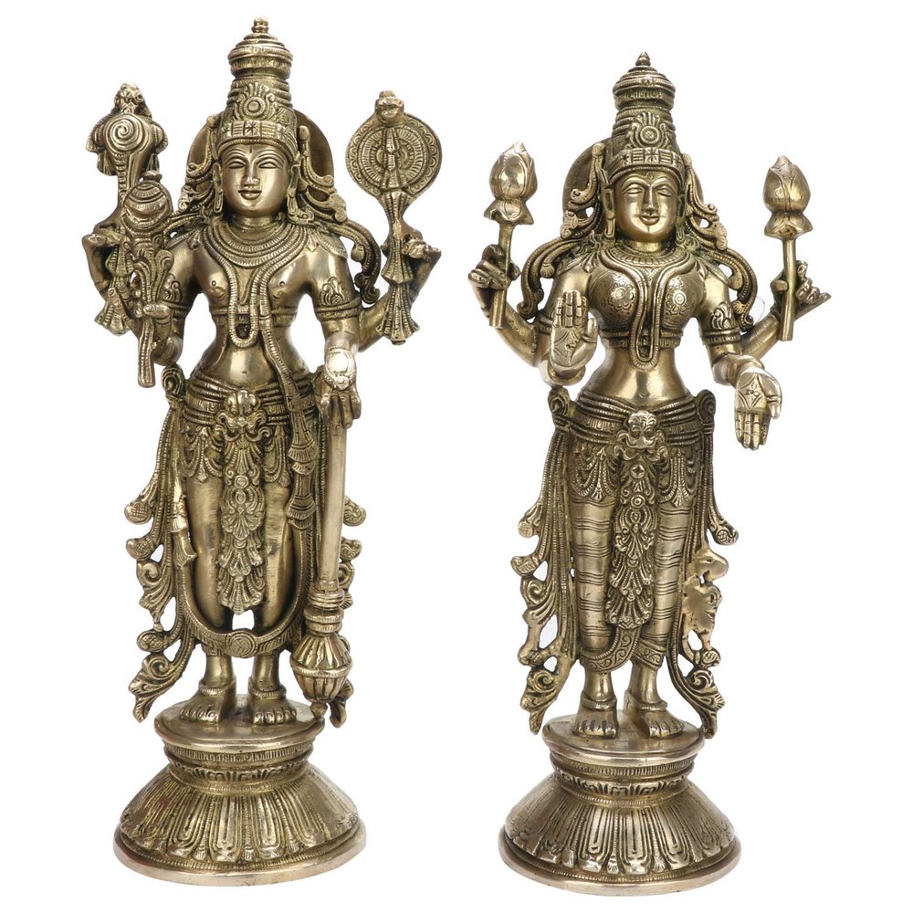 AONA Lord Vishnu and Lakshmi Ji Standing On Round Base - Brass Statue, Height 13"