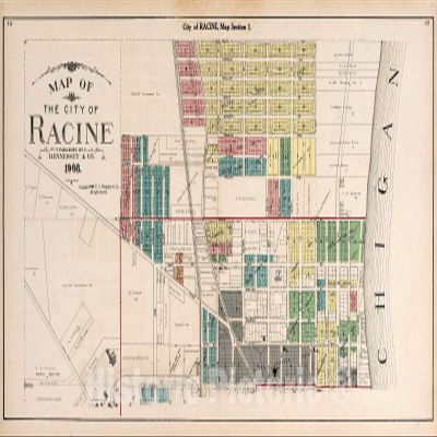 Historic 1908 Wall Map - Plat Book of Racine and Kenosha Counties, Wisconsin - Map of The City of Racine 76in x 44in