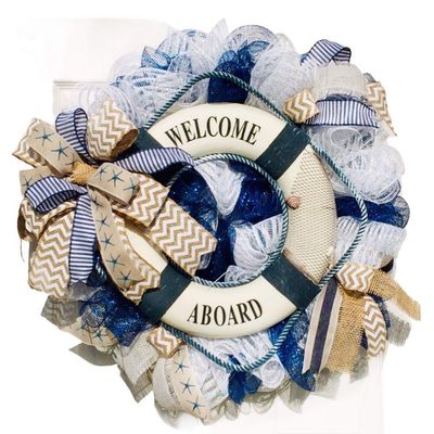 Artisan life float nautical, coastal, beach wreath made with white and blue deco mesh.