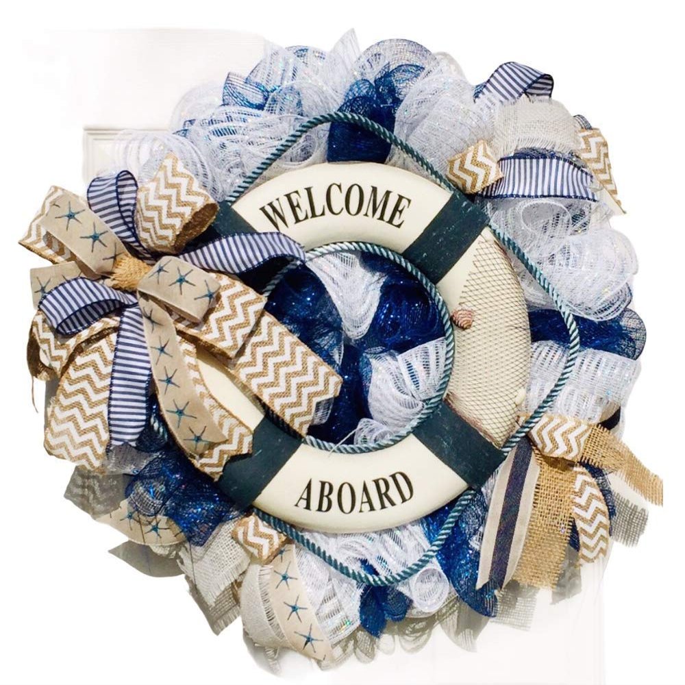 Artisan life float nautical, coastal, beach wreath made with white and blue deco mesh.