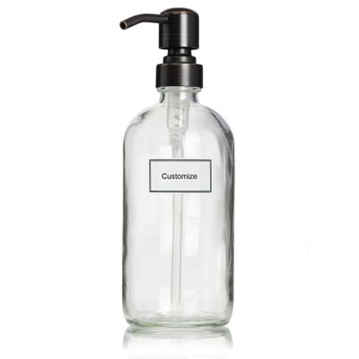 Artanis Home Glass Bottle Including Oil Rubbed Bronze Pump and Customized Waterproof Label, 16 oz Boston Round, Clear