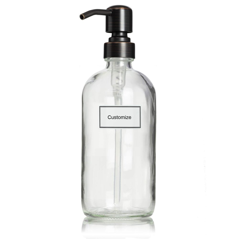 Artanis Home Glass Bottle Including Oil Rubbed Bronze Pump and Customized Waterproof Label, 16 oz Boston Round, Clear