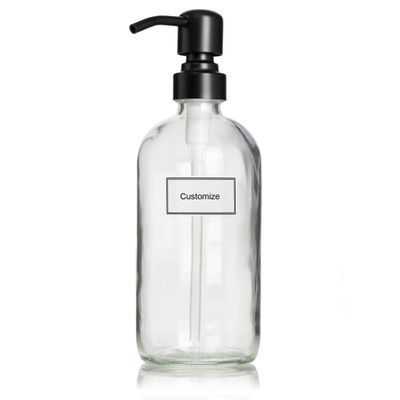 Artanis Home Glass Bottle Including Black Satin Stainless Steel Pump and Customized Waterproof Label, 16 oz Boston Round, Clear