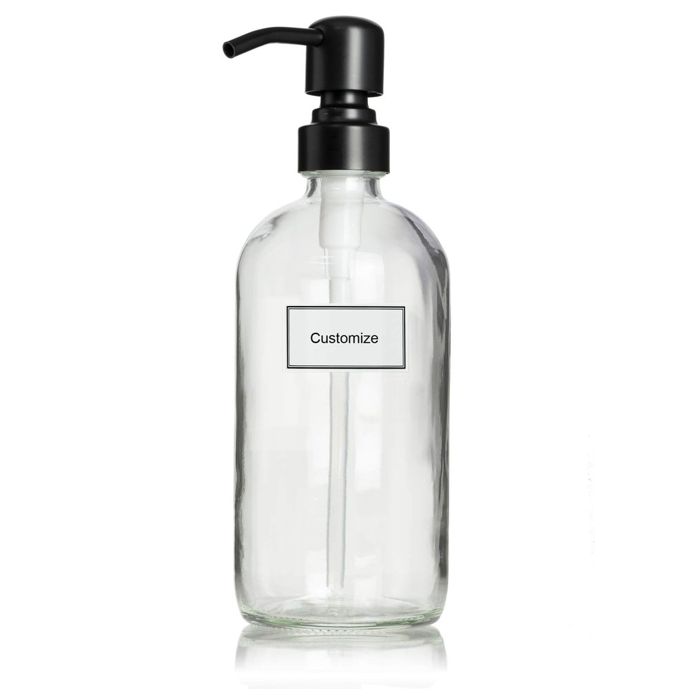 Artanis Home Glass Bottle Including Black Satin Stainless Steel Pump and Customized Waterproof Label, 16 oz Boston Round, Clear