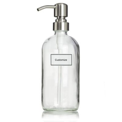 Artanis Home Glass Bottle Including Stainless Steel Pump and Customized Waterproof Label, 16 oz Boston Round, Clear