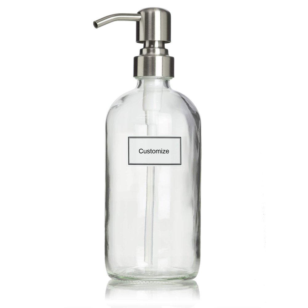 Artanis Home Glass Bottle Including Stainless Steel Pump and Customized Waterproof Label, 16 oz Boston Round, Clear