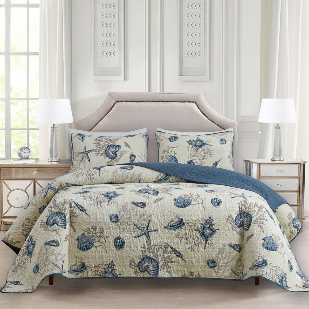 ABREEZE Coastal Beach Theme Quilt Set with Shams Queen Nautical Coverlet Cotton Bedspread Ocean Bedding Set Sea Shell Conch Coral Starfish Comforter Set Beige,Full/Queen3 Pieces