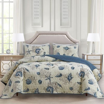 ABREEZE Nautical Theme Quilt Set with Shams Cotton Beach Bedspreads King Coastal Navy Coverlet, Sea Shell Conch Coral Starfish Oversized Quilt
