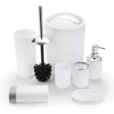 Bathroom Sets Accessories,Plastic 6 Piece Bathroom Accessory Set Bathroom Trash Can Set with Drawstring Trash Bags,Toothbrush Holder Set,Soap Dispenser,Tooth Mug,Soap Dish,Toilet Brush Holder(White)