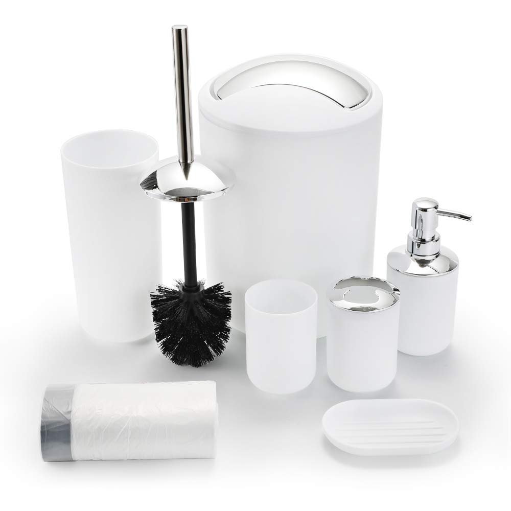 Bathroom Sets Accessories,Plastic 6 Piece Bathroom Accessory Set Bathroom Trash Can Set with Drawstring Trash Bags,Toothbrush Holder Set,Soap Dispenser,Tooth Mug,Soap Dish,Toilet Brush Holder(White)