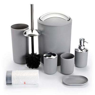 Bathroom Sets Accessories,Plastic 6 Piece Bathroom Accessory Set Bathroom Trash Can Set with Drawstring Trash Bags,Toothbrush Holder Set,Soap Dispenser,Tooth Mug,Soap Dish,Toilet Brush Holder(Grey)