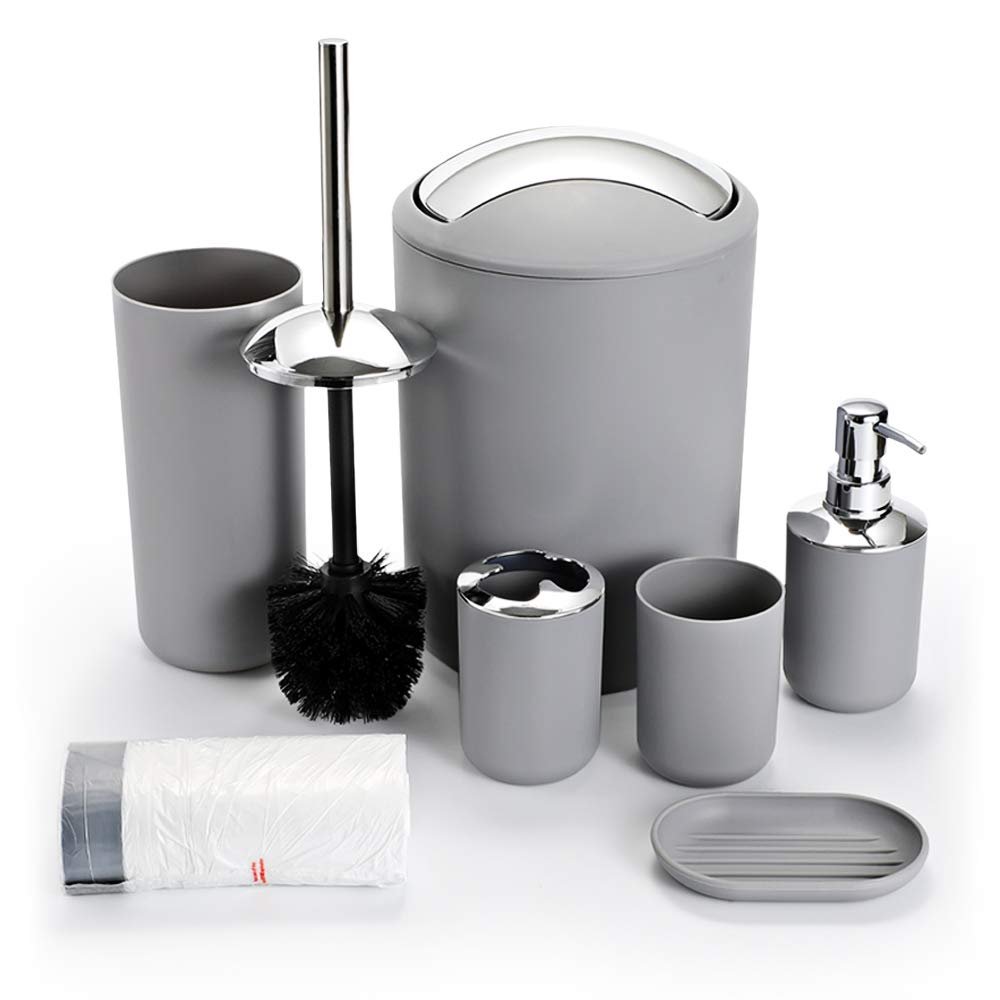 Bathroom Sets Accessories,Plastic 6 Piece Bathroom Accessory Set Bathroom Trash Can Set with Drawstring Trash Bags,Toothbrush Holder Set,Soap Dispenser,Tooth Mug,Soap Dish,Toilet Brush Holder(Grey)