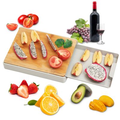 Bamboo Cutting Board Set with Container Tray Drawer For Kitchen Easy Waste Removal & Food Prep, Eco-friendly Wooden Chopping Boards Wood Block Butcher