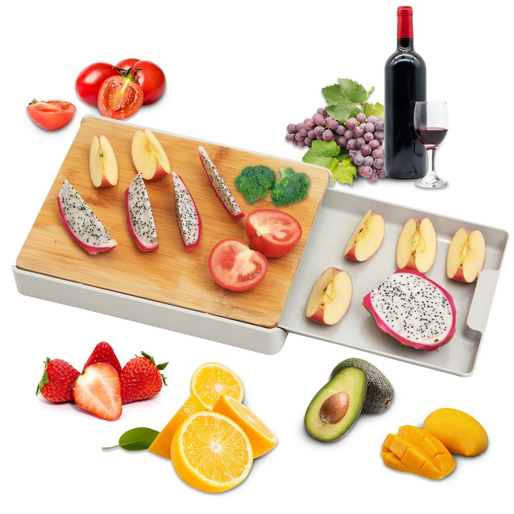 Bamboo Cutting Board Set with Container Tray Drawer For Kitchen Easy Waste Removal & Food Prep, Eco-friendly Wooden Chopping Boards Wood Block Butcher