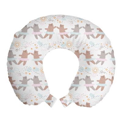Ambesonne Cartoon Travel Pillow Neck Rest, Funny Ballerina Dancer Bears in Tutu Costume Dancing Stars Happiness Style, Memory Foam Traveling Accessory for Airplane and Car, 12", Dust Rose
