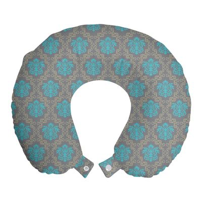 Ambesonne Damask Travel Pillow Neck Rest, Venetian Style Damask Swirled Lines and Blossoms Italian Flourish, Memory Foam Traveling Accessory for Airplane and Car, 12", Cocoa Sky Blue Yellow