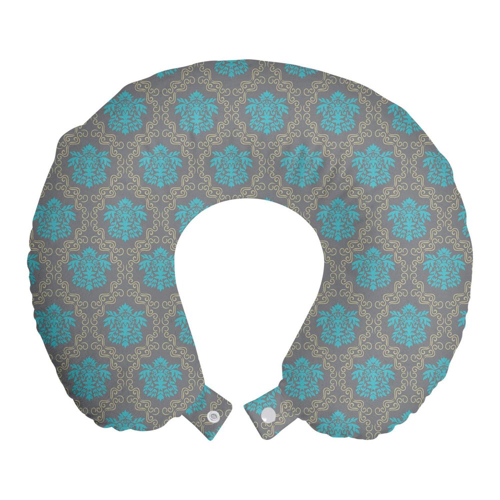 Ambesonne Damask Travel Pillow Neck Rest, Venetian Style Damask Swirled Lines and Blossoms Italian Flourish, Memory Foam Traveling Accessory for Airplane and Car, 12", Cocoa Sky Blue Yellow