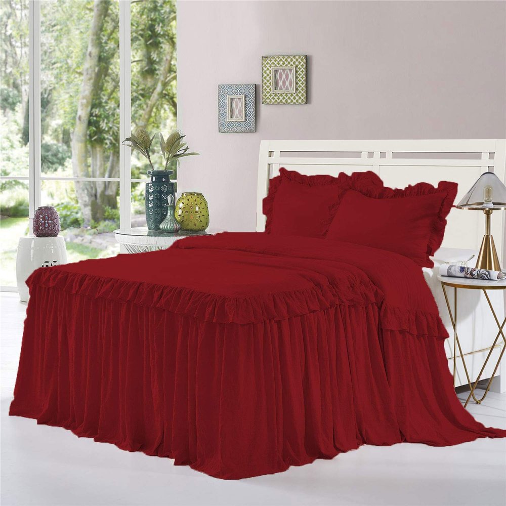 Bedding Empire 20" Drop 1 Piece Double Ruffle Bed Skirt/Bed Cover 100% Egyptian Cotton 500 TC Burgundy Queen Size