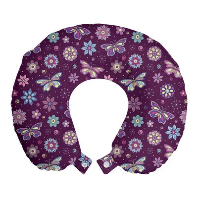 Ambesonne Butterfly Travel Pillow Neck Rest, Vortex Shapes Polka Dots Background Flower Pattern Colorful Animal Design, Memory Foam Traveling Accessory for Airplane and Car, 12", Purple