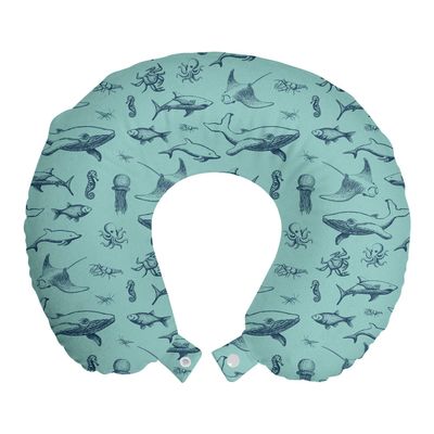Ambesonne Nautical Travel Pillow Neck Rest, Vintage Marine Style Pattern with Whale Shark Jellyfish Seahorse, Memory Foam Traveling Accessory for Airplane and Car, 12", Sky Blue