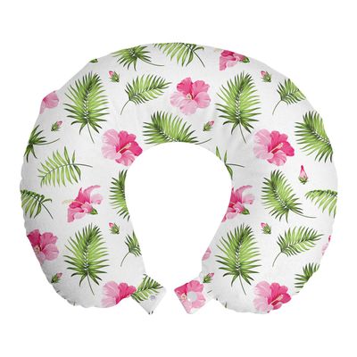 Ambesonne Tropical Travel Pillow Neck Rest, Pink Hibiscus Flowers with Green Palm Foliage Hawaiian Jungle in Summer, Memory Foam Traveling Accessory for Airplane and Car, 12", Green Pink and White