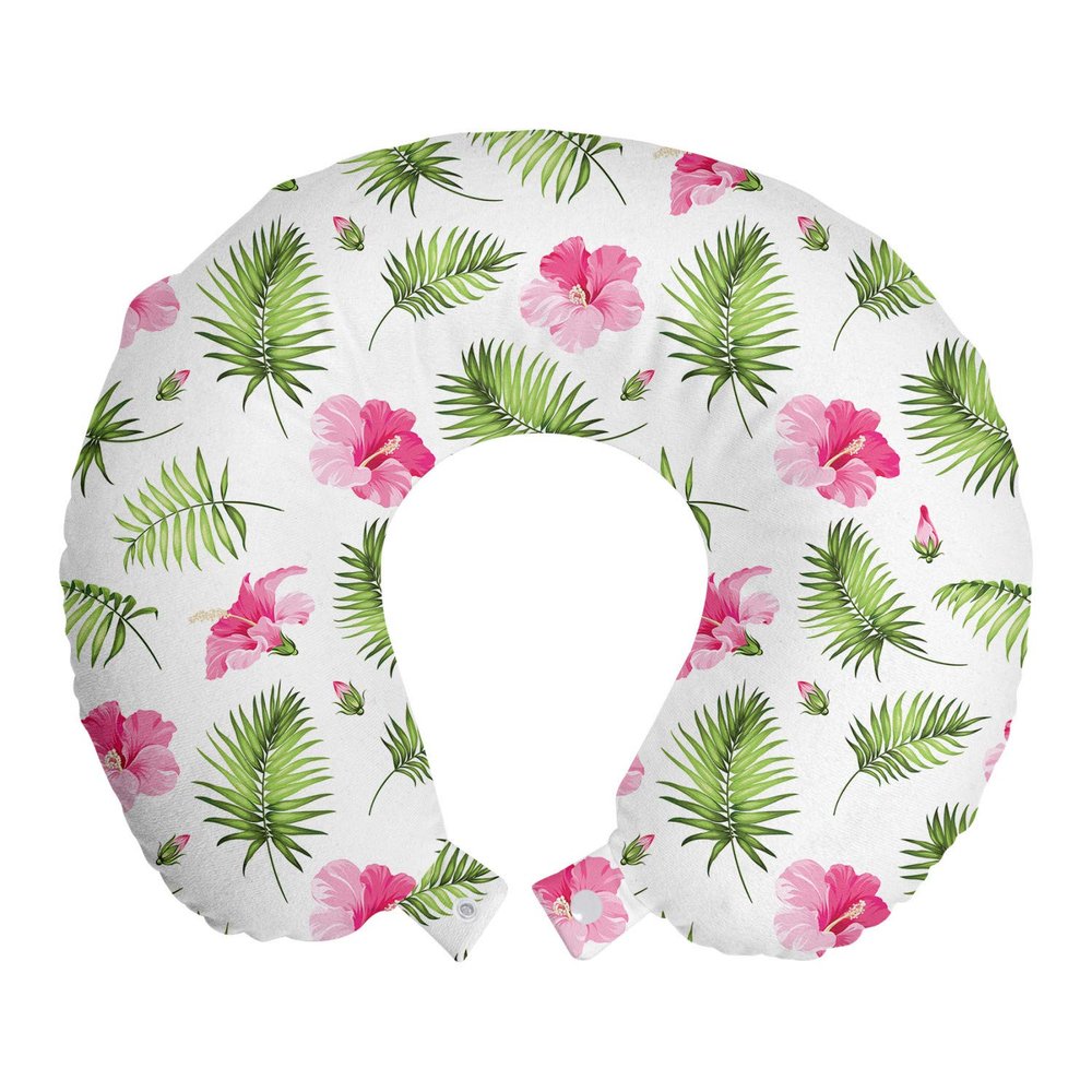 Ambesonne Tropical Travel Pillow Neck Rest, Pink Hibiscus Flowers with Green Palm Foliage Hawaiian Jungle in Summer, Memory Foam Traveling Accessory for Airplane and Car, 12", Green Pink and White