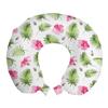 Ambesonne Tropical Travel Pillow Neck Rest, Pink Hibiscus Flowers with Green Palm Foliage Hawaiian Jungle in Summer, Memory Foam Traveling Accessory for Airplane and Car, 12", Green Pink and White view 1