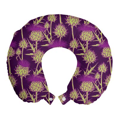 Ambesonne Thistle Travel Pillow Neck Rest, Graphic Background with Vibrant Colored Scottish Thistles Pattern, Memory Foam Traveling Accessory for Airplane and Car, 12", Yellow Green and Purple