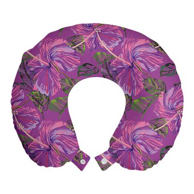 Ambesonne Hawaiian Travel Pillow Neck Rest, Exotic Style Colorful Hibiscus Flower and Leaf Silhouettes Image Art Print, Memory Foam Traveling Accessory for Airplane and Car, 12", Purple Lilac