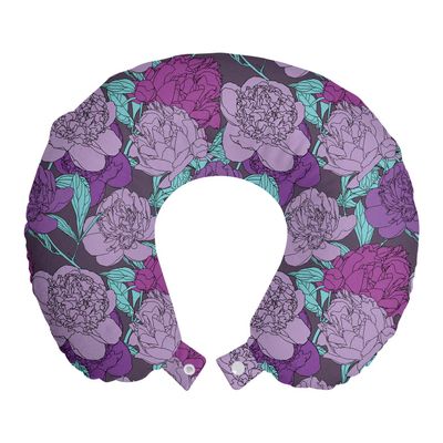 Ambesonne Peony Travel Pillow Neck Rest, Pastel Tone Delicate Peonies with Curled Leaves Vintage Style Tangled Arrangement, Memory Foam Traveling Accessory for Airplane and Car, 12", Purple Teal
