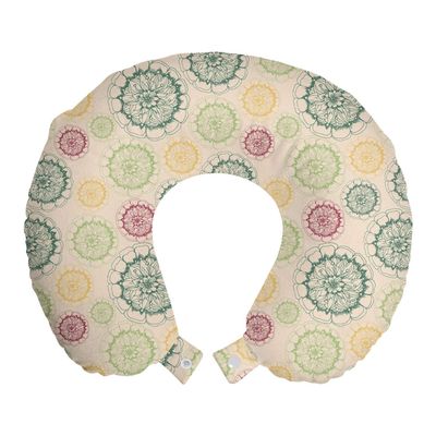 Ambesonne Retro Travel Pillow Neck Rest, Colorful Drawings of Mandala Inspired Round Motifs Floral Ornamental Scenes, Memory Foam Traveling Accessory for Airplane and Car, 12", Champagne